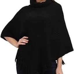 MANRA Women’s Elegant Knitted Solid High Neck Poncho Top with Fringed Sides for Winter (SC 60 Plain HIGH Neck)-picture-13