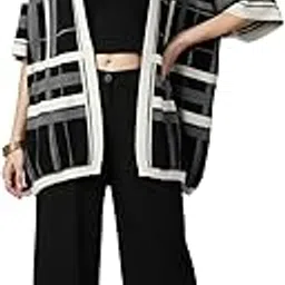 tamiska by narendra kumar Women's Black & White Viscose Blend Shrug with Bold Grid Print and Elbow-Length Sleeves-picture-47