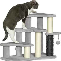 PawHut 20" Pet Stairs for Cats, 2 in 1 Cat Tree Tower 3-Step Cat Steps with Scratching Posts, Tickling Post, Toy Balls, for High Beds, Couch, Sofa, Light Gray-picture-32
