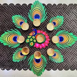 Peacock Feather Design Rangoli Tealight Candle Holders | Diwali Decoration Set | Traditional Decorative Tealight Holders for Home, Pooja & Festivals (Set of 9)-image-74