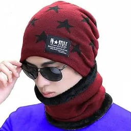 vkg Star Woolen Snow Proof Inside Fur Wool Unisex Beanie Cap with Neck Warmer Set Knit Hat Thick Fleece Lined Winter Hat for Men & Women (Red)-picture-17