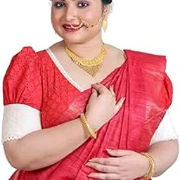 Women's Cotton Hakoba - Cream & Red - Crochet Lace Work - Puff Sleeve Readymade Designer Blouse-image-0