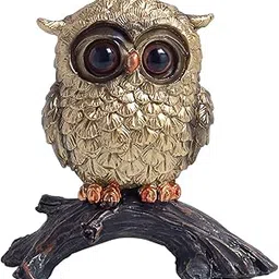 GOLDEN PEACOCK White Owl on Natural Wood-Look Log | Bird-Themed Decorative Accent for Home & Office Spaces (Gold & Black, Small)-image-5