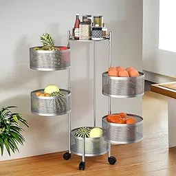 Heart Home Kitchen Storage Rack | 5-Tier Round Multipurpose Storage Trolley with Wheels | Rotating Vegetable Rack | Metal Fruit Rack | Silver-image-51