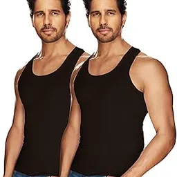 macho sporto Men's 100% Ribbed Cotton Sleeveless Vest | Solid Round Neck Tank Top Innerwear | Itch-Free, Soft & Comfortable Regular Fit Undershirt | Parka Vest | Pack of 2 Black-picture-58