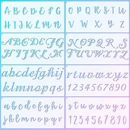 Zonon 8 Pieces Calligraphy Letter Number Stencil Reusable Template Cursive Alphabet Cake Stencils With Metal Open Ring For Cake Airbrush Art&Craft Painting-picture-19