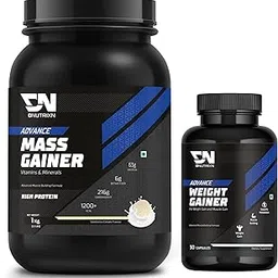 DNUTRIXN Advance Mass Gainer | High Protein with Digestive Enzyme & Multivitamin + Weight Gainer Capsules 30N | Combo Pack (1kg, Vanilla Ice-Cream)-image-18