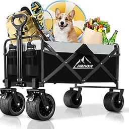 Collapsible Foldable Wagon, Utility Large Capacity Beach Wagon with Big Wheels, Shopping Wagon Cart with Side Pocket and Brakes for Sand Garden Grocery Sports Camping image 1