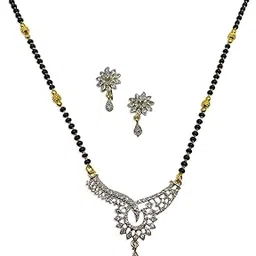 Mangalsutra for Women Stylish New Gold Long Artificial American Diamond Mangalsutra Set Simple Modern Gold And Black Beads Chain (34 Inches)-image-33