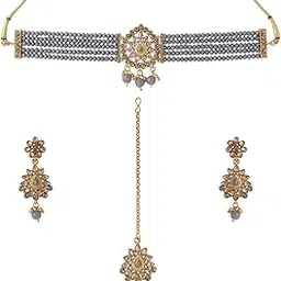 yellow chimes Jewellery Set For Women Kundan Studded Charm Choker Set With Earrings and Mangtikka For Women and Girls-picture-27