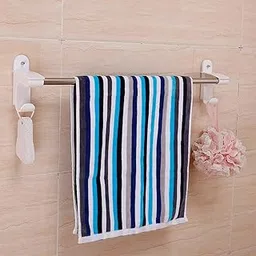 HOKIPO Plastic Magic Sticker Series Self Adhesive Towel Rod And Napkin Holder For Bathroom And Kitchen With 2 Hooks, 60 Cm, White-picture-12