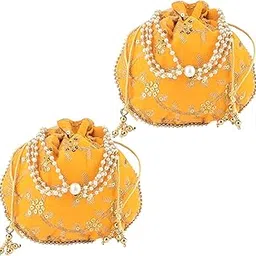 2 Pcs Polyester Potli Bags for Women | Traditional Indian Zari Work Potli Bag | Ladies Batwa Purse for Return Gifts | Drawstring Handbag & Khajoor Wristlets - Yellow-image-57