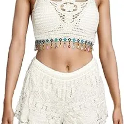 ICW Women's Boho Crochet Backless Lace-up Halter Neck Top and Shorts Set, Beachwear Co-ord Set Bikini Swimsuit DN95-picture-40
