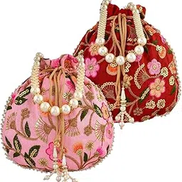 Kuber Industries Potli|Silk Wedding Potli|Christmas Gift Potli|Baby Shower Potli|Traditional Shagun Potli|Drawstring with Beads Handle Potli|New Flower Embroidery Potli|Pack of 2|Multi image 1