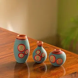 ExclusiveLane Terracotta Round Shape Pots Vases for Living Room & Earthenware Miniature Pots Artifacts for Home Decoration (6.4 X 6.4 X 10.1 Cm, Turquoise Blue and Peach)-image-3