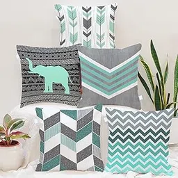 BRICK HOME Poly Cotton Cushion Cover Mint Green and Grey Geometric Patterns, Set of 5, Modern Design with Elephant Print 16 X 16 Inches-picture-10