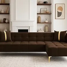 FURNY Styliving 6 Seater Fabric RHS L Shape Sofa Set (Brown) with Golden Finish Legs | Durable & Comfortable | Ideal for Living Room-picture-18