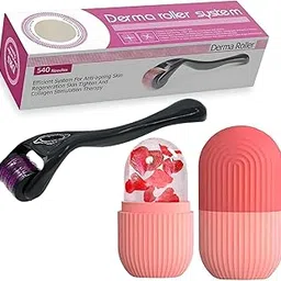 E-COSMOS Derrma Roller & Ice Roller Combo 0.5mm 540 Titanium Alloy Needles, Promotes Beard Growth, Hair Regrowth & Reduces Acne Scars, Ice Face Roller Silicone Facial Cube for Eyes Neck Massage-image-42