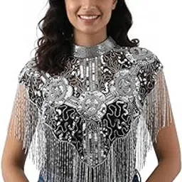 Liva Women's Embroidered Cape Shrug, Black with Silver Beaded Fringe, Net Material, Free Size, Lightweight, Round Neck-image-59