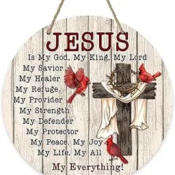 Bolisom Christian Jesus is My God Front Door Sign, Religious Cross Cardinal Red Birds Wood Door Hanger Outdoor Outside Porch Decor, Bible Verse Farmhouse Wooden Wreath Indoor Wall Hanging Decoration-picture-44