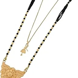 malkyn Women's Gold-Plated Long Mangalsutra with a Detailed Winged Floral Pendant and Black Beaded Chain, Paired with a Dainty Adjustable Charm Necklace for a Layered and Elegant Look-MD-108-picture-19