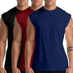 NOTWILD Men's Sleeveless T-Shirt Running Tank Top Performance Athletic Muscle Plain Round Neck T-Shirts Cotton Regular Fit Workout Combo Pack of 3-picture-15