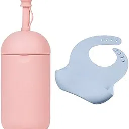 tudd Silicone Buddy Bottle for Baby 6 to 12 Months with Straw | Pink with Silicone Baby Bib for Feeding & Weaning Babies & Toddlers | Blue-picture-40