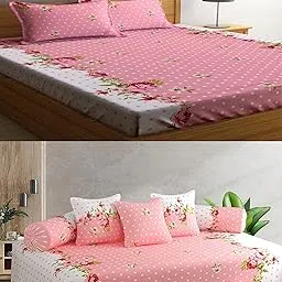 IVAZA 180 TC Cotton Feel Ezyption Cotton Combo of 6 Pcs Diwan Set Covers and 1 Double Bed Bedsheet with 2 Pillow Covers Pink image 1