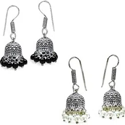 jewelopia Oxidised Jhumki Earrings German Silver Oxidized Floral Jhumka Pearl Drop Traditional Earring for Women and Girls-picture-55
