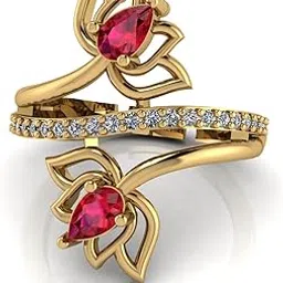 Lotus Flower Statement Ring, Gold Plated, Ruby Red Stones and Diamond Accents, Double Flower Design ring for women-picture-18