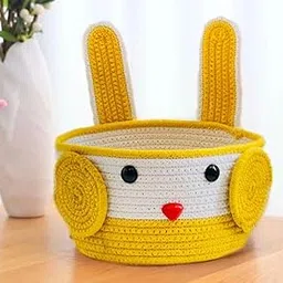 Juteify Cute Katty Woven Cotton Rope Storage Basket, Laundry Basket Organizer for Toys, Blanket, Clothes, Towels, Gifts (Yellow)-picture-21