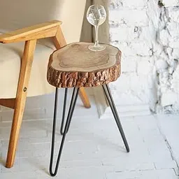 Latest Handcrafts Rustic Wooden End Table | Versatile Sofa Side Table, Coffee Table, or Plant Stand | Tree Slice Bark Look Metal Legs Stool | 12 x 12 x 18 inches | Perfect Home and Office Decor Piece-picture-33