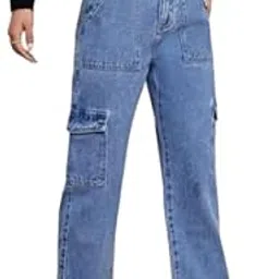 liba creations Women's High Waist Cargo Jeans Flap Pocket Wide Leg Denim Pants,-picture-23