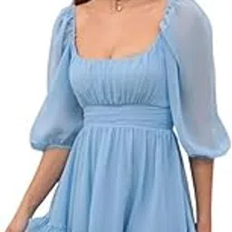 trillmixa Women's Georgette Mini Dress with Square Neck 3/4th Puff Sleeves Solid Pattern Back tie up Skater Regular Fit and Thigh Length image 1