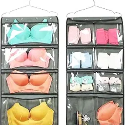 NIMES Durable Hanging Closet Underwear Sock Bra Stocking Organizer Dual-Sided Accessories Storage With 12 Large Clear Pockets (GREY)-picture-20