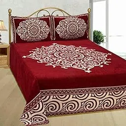 Fresh From Loom Chenille Velvet Floral 500 TC Heavy Bedsheet for Double Bed King Size - 90 x 100 inch Maroon Color with 2 Pillow Covers-image-29