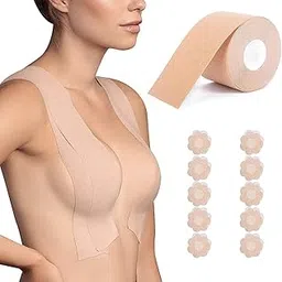 Piercell Boob Tape Cotton Premium Body Tape Boob Tape,Boobytape for Breast Lift,Suitable for A-E,Breast Tape Lifting Large Breast Lift Tape For Backless And Strapless Outfits with 10 Nipple Pasties-image-1
