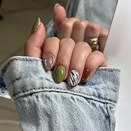 Press on nails for Women Fake nails 12 pcs Nail Extension kit Stick on Nails Press on Glue on Glossy Full Cover Reusable Artificial Acrylic Stick on For Women Girls Manicure 12 pcs Olive Green and Brown with Zebra Print and Silver Accents, Glossy Finish-picture-16