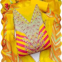 peachmode Women's Yellow Striped Printed & Embroidery Chanderi Silk Unstitched Dress Material | Stylish Ladies Latest Salwar Suit Sets Trendy Kurtas Kurti Pant with Dupatta for Women 3 Piece Free Size-picture-21