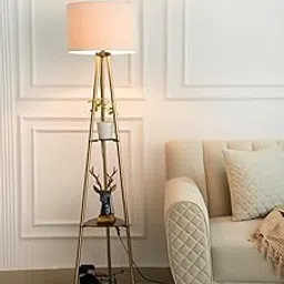 3 Shelves Floor Lamp Brass Antique Finish 5 Feet Height with 12” Diameter Beige Drum Shade for Living Room, Bedroom, Home Decoration | Led Bulb Included - Pack of 1-image-94