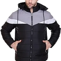 karori Men's Navy Blue and Grey Hooded Puffer Jacket, Quilted, Zip Front-picture-46