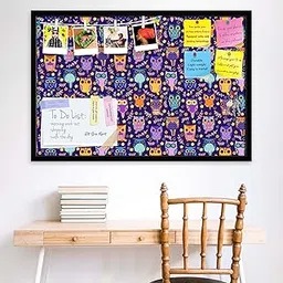 ArtzFolio Owls | Bulletin Board Notice Pin Board | Vision Soft Board Combo with Thumb Push Pins & Sticky Notes | Black Frame | 18 x 12 inch (46 x 30 cms)-image-1