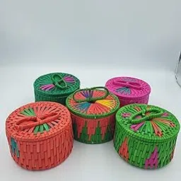 FarmCrane Hand Woven Palm Leaf Gift Box with Lid Multicolor 10 cm diax 8cm ht (Set of 4 Nos)-picture-17