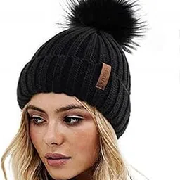 vkg Women's|Girl's Faux Fur Pom Pom Crochet Knitted Wool Skull Beanie Hat Cap (Black)-picture-55