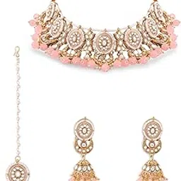 zaveri pearls Pink Meenakari Crescent Kundan Choker Necklace Earring & Maangtikka Set For Women-ZPFK17584-picture-14