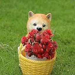 Royal Fountain Garden Decorative Shiba Inu Dog Figurine with Yellow Basket, Resin Outdoor Statue with Red Flowers, Garden Lawn Ornament-picture-13