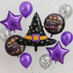 AMFIN (Pack of 11) Halloween Balloon Decoration Set – Hat Foil Balloon, 2 “Halloween Party” Round Balloons, 2 Purple Star Balloons – Spooky Party Supplies for Kids & Adults-picture-13