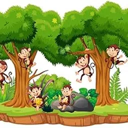 AH Decals Cartoon Forest Scene with Monkey Animated Wall Sticker Beautiful Created Designs Kids Room Sticker Wall, Hall, Living Room,Poster 3D Background Removable Sticker Gallery Poster image 1