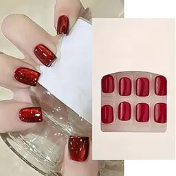 S.A.V.I 24 Pcs Short Red Cat’s Eye Glossy Press On Nails – Natural Shape – Reusable Fake Nails with Nail Glue & Adhesive Tabs – DIY Salon-Quality Manicure at Home-image-84