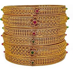 nagneshi art Traditional Floral Gold Plated Multicolor Ruby Ethnic Bangle Set For Women (Set of 6) - 16104-picture-22